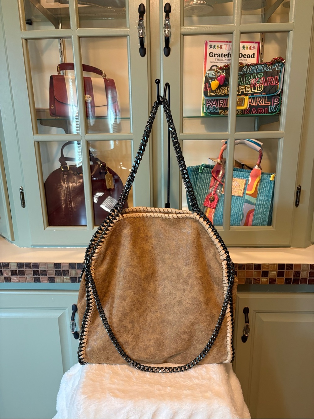 Women's Tan Chain-Trim Tote Bag